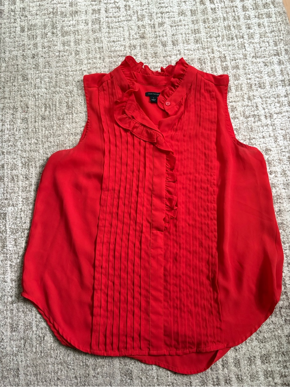 Ann Taylor Red Pintuck Ruffle Sleeveless Camisole